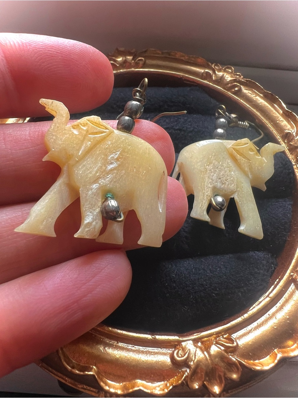 Vintage 1970’s hand-carved bovine bone elephant earrings